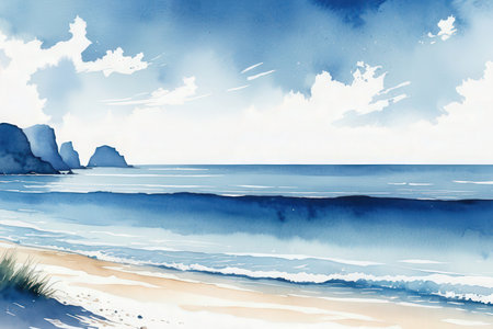 Digital watercolor painting of a seascape with blue sky.の写真素材