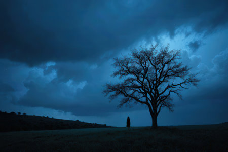 Silhouette of a lonely tree in the meadow with a dark skyの写真素材