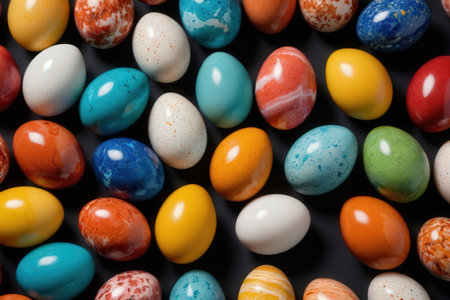 Colorful Easter eggs on black background. Top view, flat lay.の写真素材