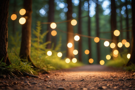 Path in the forest with a garland of light bulbs in the eveningの写真素材