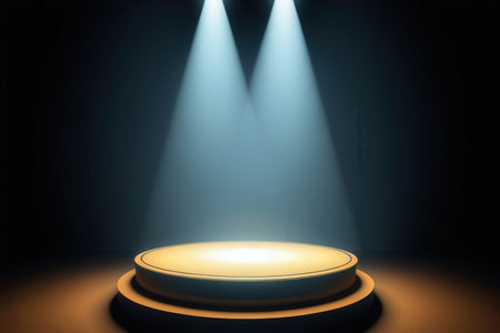 Stage podium illuminated with spotlight. Award ceremony concept. 3D Renderingの写真素材