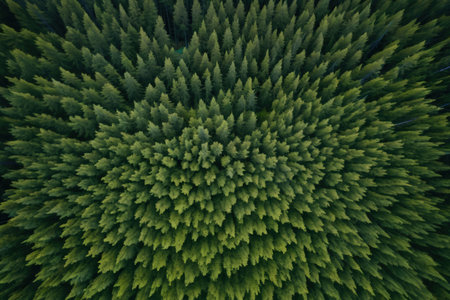 Aerial view of coniferous forest. Top view from droneの写真素材