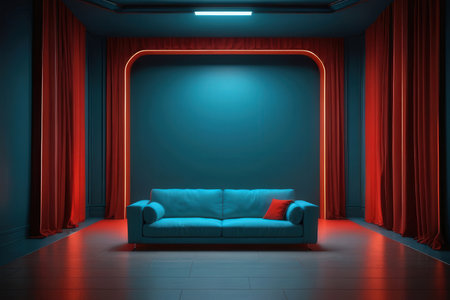 Interior of empty room with red curtains and sofa, 3D renderingの写真素材