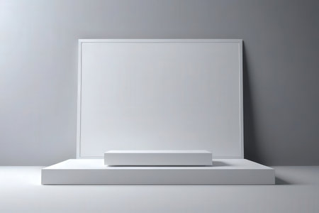 3d illustration of a white podium with a white frame on a gray backgroundの写真素材