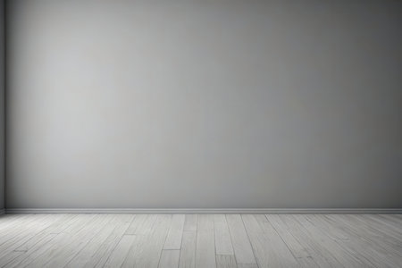 Empty room with gray wall and wooden floor. 3D rendering.の写真素材