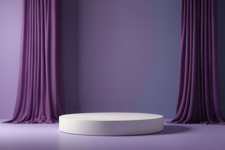 3d rendering of white podium with purple curtains on the background.の写真素材