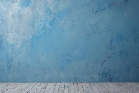 Blue wall with wooden floor and copy space for text or image.の写真素材