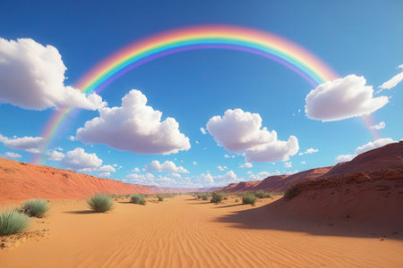 Rainbow over the dunes in the Namib Desert, Namibiaの写真素材