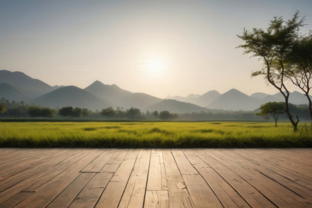 Wooden floor and landscape of rice field with mountain background at sunsetの写真素材