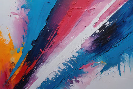 Abstract acrylic paint background in blue, orange, purple and red colorsの写真素材