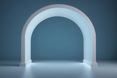 Blue arch in empty room, 3D rendering. Computer digital drawing.の写真素材