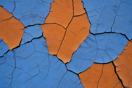 Cracked blue and orange paint on the wall. Abstract background.の写真素材