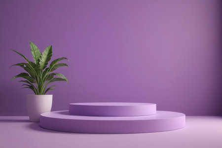 Minimal scene with purple podium and plant in pot. 3d renderの写真素材