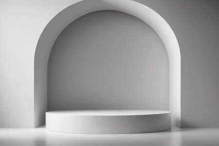 Abstract minimalistic background with white podium and arch. 3d renderの写真素材