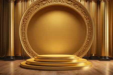 Golden podium and golden curtains on wooden floor. 3D rendering.の写真素材