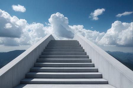 Conceptual stairway to success over blue sky with clouds backgroundの写真素材