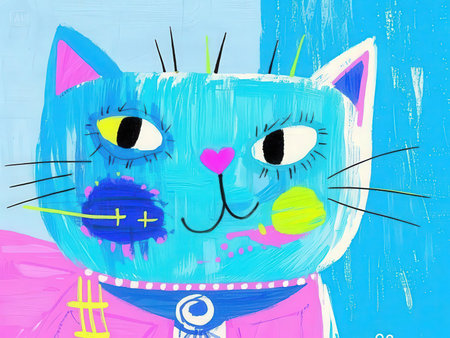 Illustration of a cute cat on a blue background with hearts.の写真素材