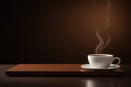 Cup of coffee on a wooden table with smoke on dark backgroundの写真素材