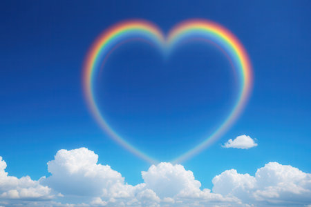 Heart shaped rainbow in the blue sky. Valentine's day concept.の写真素材