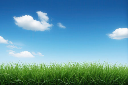 Green grass and blue sky with white clouds. Nature background. Vector illustration.の写真素材