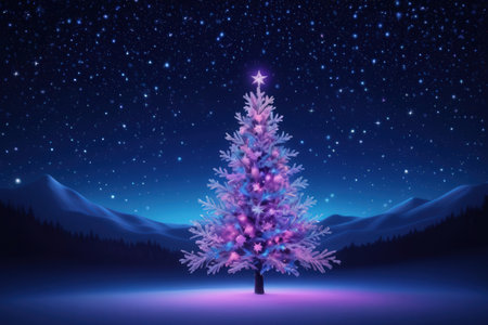 Christmas tree in the mountains at night with starry sky. Vector illustration.の写真素材