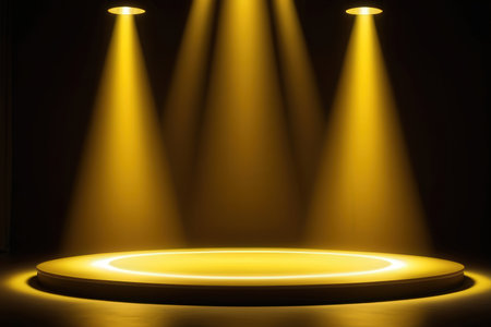 Stage podium illuminated with spotlight. Award ceremony concept. Stage backdrop.の写真素材