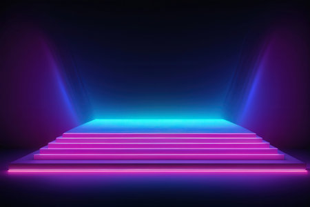 Stage podium illuminated with neon light. Vector illustration. Neon background.の写真素材