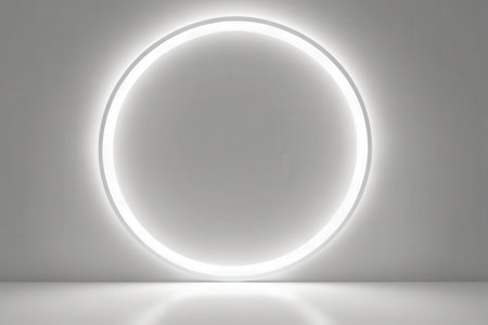 Circle neon light in empty room. Abstract background. 3D renderingの写真素材