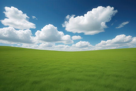 Green field under blue sky with white clouds. 3d rendering.の写真素材