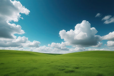 Green field and blue sky with clouds. Nature composition. 3d renderの写真素材