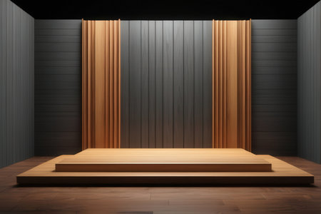 3D rendering of a wooden podium in a dark room with wooden panelsの写真素材