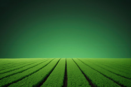 Green field with rows of sprouts on a dark green background.の写真素材