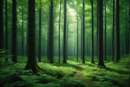 beautiful green forest in a foggy day, fantasy nature backgroundの写真素材
