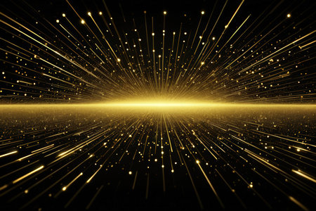 golden rays and sparks on a black background. rays of lightの写真素材