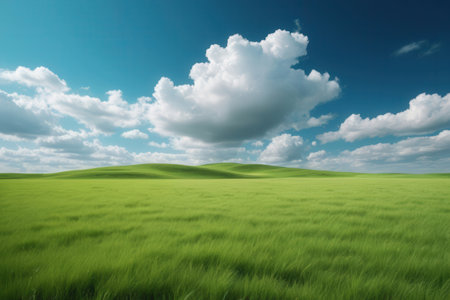 Green field and blue sky with white clouds. Nature composition. 3d renderの写真素材