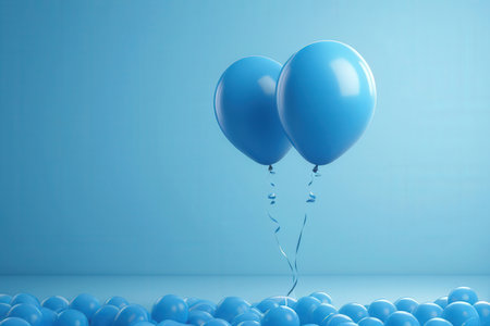 Blue balloons with ribbons on blue background. 3D Renderingの写真素材