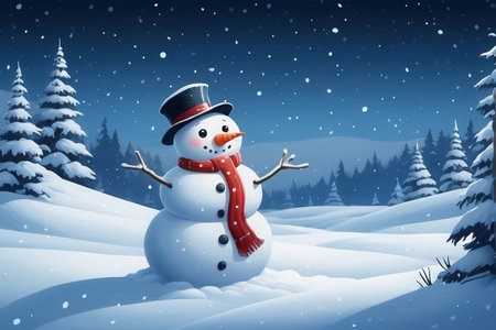 Snowman in the winter forest. 3d illustration. Christmas background.の写真素材
