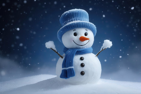 Snowman on snow with blue hat and scarf. Christmas background.の写真素材