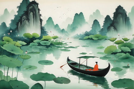 Landscape of a man in a boat on a lake surrounded by lotus leavesの写真素材