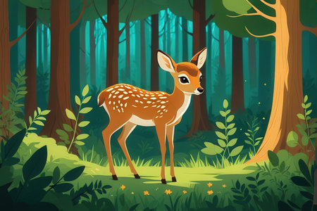 Fawn in the forest. Vector illustration in flat cartoon style.の写真素材