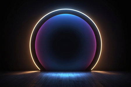 Neon glowing circle in dark room. Futuristic interior. 3D Renderingの写真素材