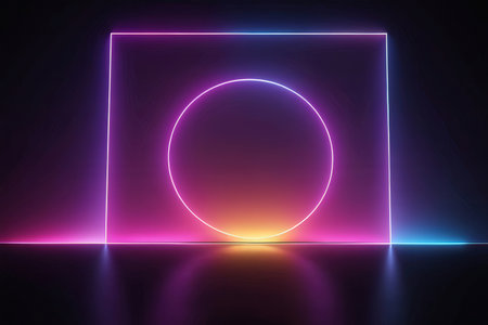 Glowing neon square frame on dark background. 3D Renderingの写真素材