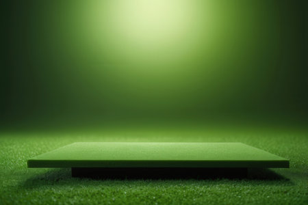 Green pedestal on green grass background. 3d render illustration.の写真素材