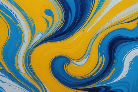 Marble abstract acrylic background. Blue and yellow marbling artwork textureの写真素材