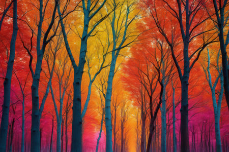 Trees in a forest at sunset. Digital painting illustration.の写真素材
