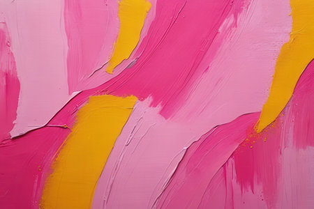 Abstract oil painting on canvas with yellow and pink brushstrokes.の写真素材