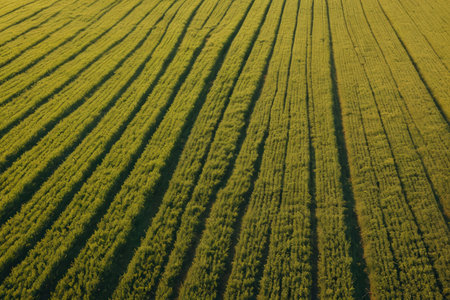 Aerial view of a field with rows of young green wheat.の写真素材