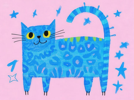 Illustration of a cute blue cat on a pink background with starsの写真素材
