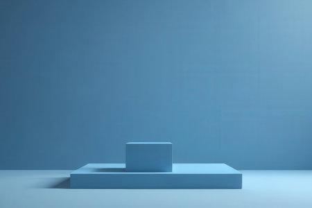 Blue pedestal on blue background, 3d render, square imageの写真素材