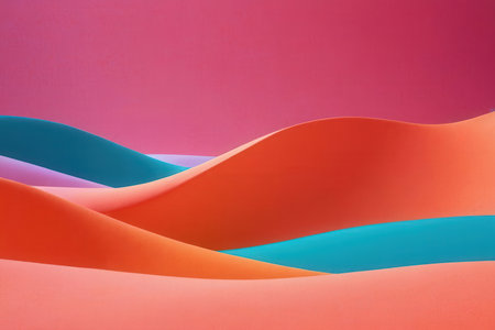 Abstract background of curved paper sheets in orange, blue and pink colorsの写真素材